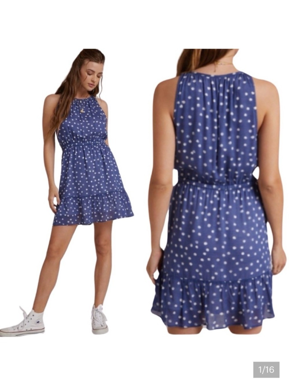 NWT BELLA DAHL Polka Dot Print Shirred Halter Dress In Navy Size Small - Picture 4 of 16
